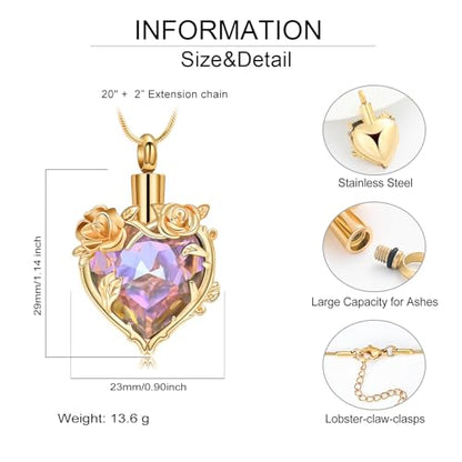 Cremation Jewelry for Ashes Rose Flower Urn Necklace with Crystal Heart Ashes Pendant Butterfly Necklaces for Women Men Memorial Keepsake Jewelry Gift - color: Gold-purple