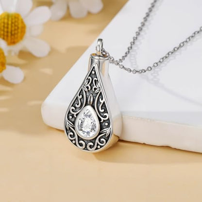 Teardrop Urn Necklace for Ashes Filigree Birthstone Keepsake Pendant Cremation Jewelry for Ashes Memorial Jewelry Gifts for Loss of a Loved One for Women - style: Apri-Diamond
