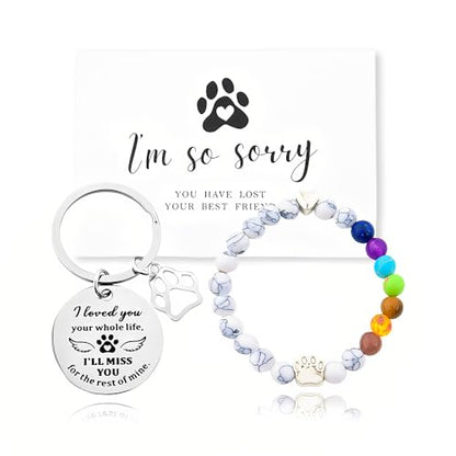 Pet Memorial Gifts Rainbow Bridge Bead Bracelet for Pet Loss Sympathy Gift Card Dog Memorial Keychain for Women Men Bereavement Gifts for Dogs Cats 8MM 7 Chakra Bracelet for Pet Lovers Gift Set