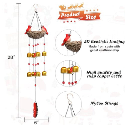 Taman Cardinal Wind Chimes, Metal Bells Windchimes Outdoor Garden Gifts | 27.5 Inch Cardinal Wind Chimes for Outside, 9 Bronze Bells, Soothing Sounds, Cardinal Garden Decor, Gifts for Women - size: Cardinal