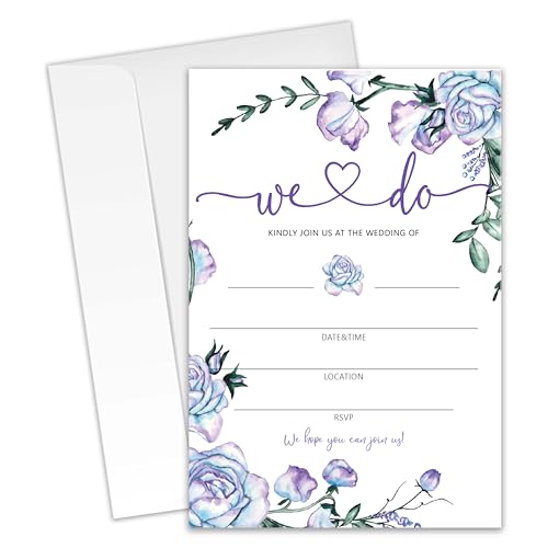 Wedding Invitations - We Do - 20 Invitation Cards 4”x6” with 20 Envelopes - Romantic Elegant Purple Floral Style Wedding Invitations for Mr & Mrs Celebration.(043)