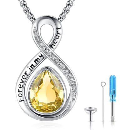 Eusense Cremation Jewelry for Ashes Urn Necklace to Put Ashes In 925 Sterling Silver Memorial Pendant Tree of Life Infinity Urn Necklaces for Ashes Necklace for Women Men - style: F-Infinity Urn-11-Nov.-Citrine