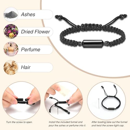 Oinsi Lava Rock Bracelet With Tube Memorial Urn Jewelry For Ashes Of Loved Ones Keepsake Cremation Bracelet Women Men Adjustable Length - color: Black (Rope)