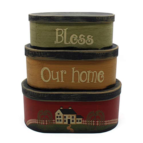 CVHOMEDECO. Primitives Rustic Oval “Bless Our home” Cardboard Nesting Boxes, Large 9-3/4 x 5-1/2 x 4 Inch, Set of 3. - color: Bless Our home