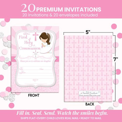First Holy Communion Religious Party Invitations for Girls (Light Skin, Brown Hair), 20 5x7 Fill In Cards with Twenty White Envelopes by AmandaCreation - style: Light Skin, Brown Hair Girl