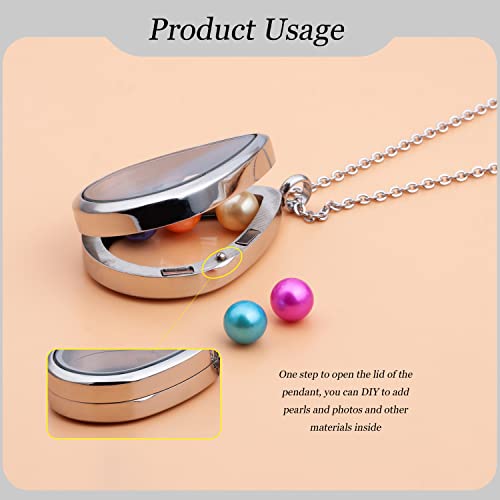 2PCS 30MM Floating Charm Locket Necklace with 6 Freshwater Pearls/Beads,316L Stainless Steel Clear Glass Locket,Small Waterproof Living Memory Pendant for Women(Without Chain) - color: Teardrop