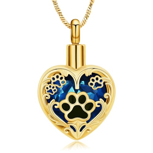 Yinplsmemory Pet Urn Necklace Pendant Jewelry for Dog Cat Memorial Crystal Heart Cremation Jewelry with Paw Print Ashes Keepsake Funeral Jewelry - color: Gold-blue