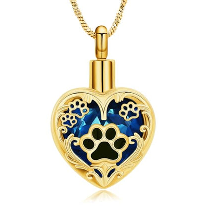 Yinplsmemory Pet Urn Necklace Pendant Jewelry for Dog Cat Memorial Crystal Heart Cremation Jewelry with Paw Print Ashes Keepsake Funeral Jewelry - color: Gold-blue