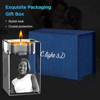 3D Crystal Candle Holder, Personalized 3D Photo in Crystal, Customized Memorial Candle Stand Gift for Her, Him, Mom, Dad, Couples, Anniversary or Birthday