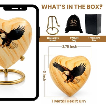 Eagle Fly Heart Keepsake Urn - Eagle Sharing Urn - Handcrafted Mini Memorial Cremation Urn for Human Ashes with Display Stand & Velvet Box (Heart Keepsake)
