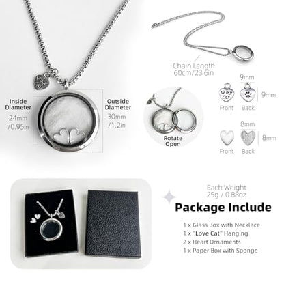 Cat Fur Keepsake Necklace, Ashes Hair Memory Urn with Charm, Glass Circle Memorial Pendant Necklace, Pet Cremation Memorial Jewelry for Women Men, Vial Necklace for Ashes