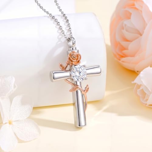 YYB Rose Flower Urn Necklaces Cross Birthstone Cremation Jewelry for Ashes Memorial Keepsake Funeral Pendant for Women - color: 04-Apr-CZ.