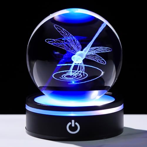 YWHL Crystal Ball 3D Dragonfly Figurine with LED Base, Dragonfly Gifts for Men Women on Christmas Birthday, Glass Animals Insect Sphere Decorative Ball for Home Decor (80mm) - color: Dragonfly