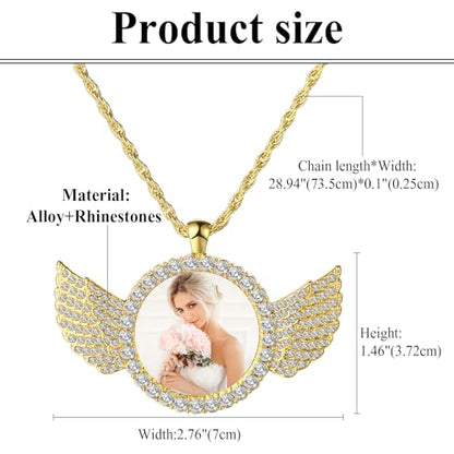 OIDEA Personalized Photo Picture Necklace: Shiny Rhinestones Angel Wings Locket Pendant Chain Necklaces Memorial Jewelry Gifts - color: 1. gold custom