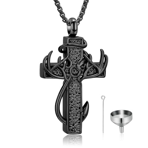 Cross Urn Necklace for Ashes Deer Antler Hook Cremation Jewelry Fishhook Memorial Keepsake Urn Pendant Ashes Holder for Women Men