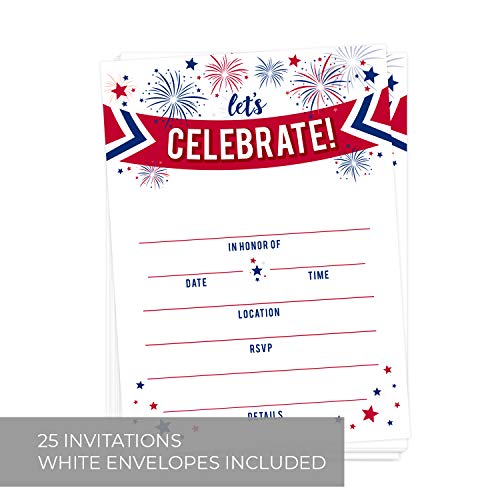 Canopy Street Patriotic Party Invitations / 25 American Event Invites / 5" x 7" Flat Invite Cards With White Envelopes/Red White And Blue Invites/Made In The USA - style: Fireworks