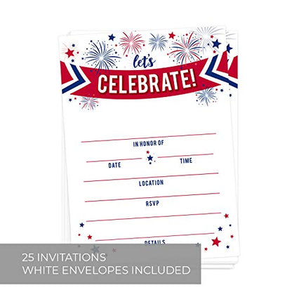 Canopy Street Patriotic Party Invitations / 25 American Event Invites / 5" x 7" Flat Invite Cards With White Envelopes/Red White And Blue Invites/Made In The USA - style: Fireworks