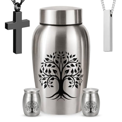 Stainless Steel Silver Urn for Ashes Male & Female, Cremation urns for Human Ashes Man & Women, Set of 5 Includes 1 Large Urn, 2 Keepsakes & 1 Silver & Black Cross Necklace - color: Stainless Steel Tree of Life Urn - Companion Set