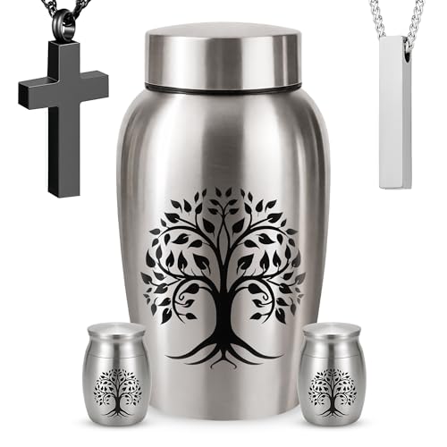 Stainless Steel Silver Urn for Ashes Male & Female, Cremation urns for Human Ashes Man & Women, Set of 5 Includes 1 Large Urn, 2 Keepsakes & 1 Silver & Black Cross Necklace - color: Stainless Steel Tree of Life Urn - Companion Set
