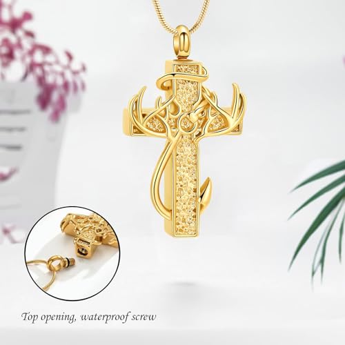 zeqingjw Cross Urn Necklace Fish Hook Cremation Jewelry for Ashes Pendant Stainless Steel Deer Antler Cross Memorial Human Pet Keepsake Ashes Holder for Men Women - color: Gold