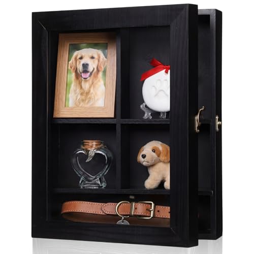 Ripeng Black Pet Memorial Shadow Box with Heart Glass Bottle 14 x 11 in Dog Paw Print Clay Keepsake Display Frame for Lost Pet Memorial Gift Kit for Dogs Lover Owners Loss of Dog Death Sympathy