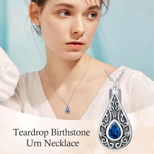Teardrop Urn Necklace for Ashes Filigree Birthstone Keepsake Pendant Cremation Jewelry for Ashes Memorial Jewelry Gifts for Loss of a Loved One for Women - style: Dec-Blue Topaz
