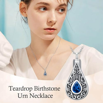 Teardrop Urn Necklace for Ashes Filigree Birthstone Keepsake Pendant Cremation Jewelry for Ashes Memorial Jewelry Gifts for Loss of a Loved One for Women - style: Dec-Blue Topaz