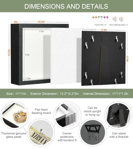 11x11 Shadow Box Frame with Shatterproof Clear Glass & Push Pins - color: Black+foam Back+foam Packaging, size: 11x11