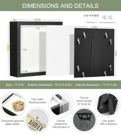 11x11 Shadow Box Frame with Shatterproof Clear Glass & Push Pins - color: Black+foam Back+foam Packaging, size: 11x11