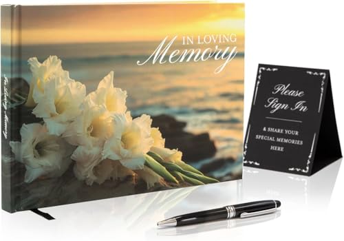 Ocean Hardcover Funeral Guest Book - 9.5 x 7 Celebration of Life Guestbook for Memorial Service with 5x7 Paper Sign, Pen, Black Photo Corner Stickers - color: Ocean