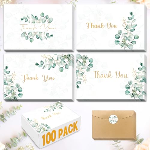 100PK Thank You Cards With Envelopes Bulk: 4x6 Blank Thank You Notes & Stickers Baby Shower Wedding Small Business - Floral Leaves Teacher Appreciation Gift for Graduation Kids Birthday Bridal (100 PACK)