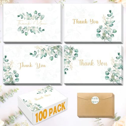 100PK Thank You Cards With Envelopes Bulk: 4x6 Blank Thank You Notes & Stickers Baby Shower Wedding Small Business - Floral Leaves Teacher Appreciation Gift for Graduation Kids Birthday Bridal (100 PACK)