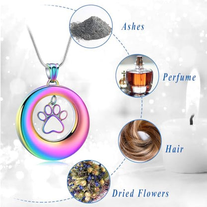 Dog Paws Cremation Jewelry Pet/Cat/Dog Paws Urn Necklaces for Ashes Stainless Steel Pet Ashes Holder Memorial Keepsakes Locket Pendant Jewelry for Men Women - color: Rainbow