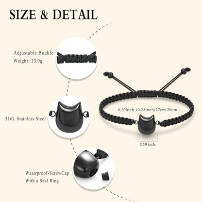 Oinsi Cat Urn Bracelet Cremation Jewelry for Pets Ashes Keepsake Handmade Braided Rope Adjustable Bangle Stainless Steel Urn Bangle Memorial Jewelry - color: C-Black