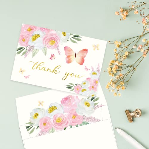 Gooji 4x6 Butterfly Pink Floral Thank You Cards with Envelopes (Bulk 20-Pack) Matching Peel-and-Seal Envelopes, Watercolor, Birthday Party, Baby Shower, Weddings, Greeting - color: Pink, White, Green
