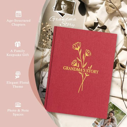 Lanpn Grandma Life Story Book Journal with 260+ Prompts, Linen Hardcover Grandmother Guided Journal Memory Keepsake Book to Fill Out, Birthday Mother's Day Christmas Gift for Grandmas, Red - color: Red
