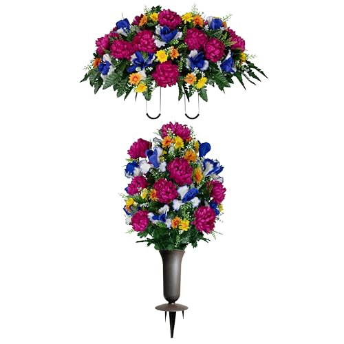 Sympathy Silks - Artificial Flowers for Cemeteries - Fuchsia Mums with Blue Iris - (1) Headstone Saddle (1) Bouquet (1) Vase - size: (1) Saddle (1) Bouquet (1) Vase
