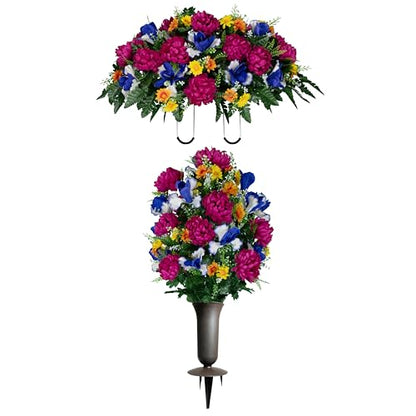 Sympathy Silks - Artificial Flowers for Cemeteries - Fuchsia Mums with Blue Iris - (1) Headstone Saddle (1) Bouquet (1) Vase - size: (1) Saddle (1) Bouquet (1) Vase