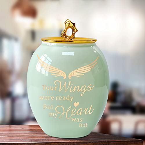 Green Medium Cremation Urn for Human Ashes Adult Male Female | Angel Ceramic Urn for Ashes Men Women Dad Mom,Memorial Urn with Velvet Bag & Funnel – A Perfect Tribute & Gift for Families - size: Medium