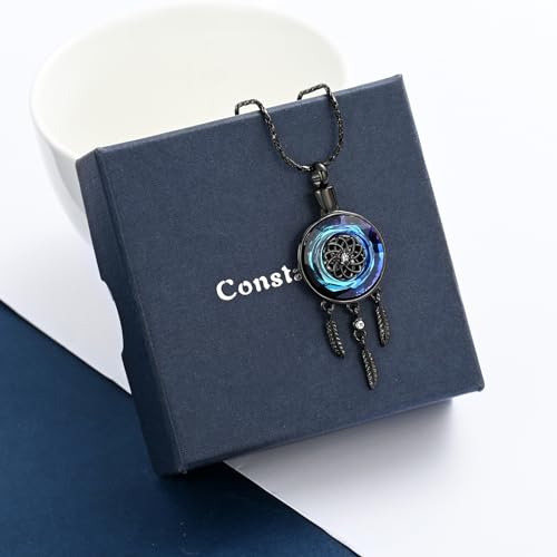 constantlife Circle of Life Dreamcatcher Cremation Jewelry for Ashes Stainless Steel Crystal Pendant Urn Necklace Keepsake Human Pet Memorial Gift for Women Men - color: Black-Blue