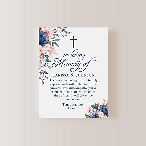 Navy Blue Floral In Loving Memory Funeral Thank You Cards with Cross - color: Navy Blue