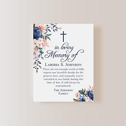 Navy Blue Floral In Loving Memory Funeral Thank You Cards with Cross - color: Navy Blue
