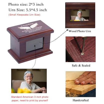 5.5 Inch Small Wooden Memorial Urn with Photo Frame, Keepsake Urn Box for Human/Pet Ashes - Wing - size: 5.5 Inches - Wing