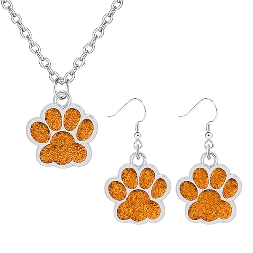 Dreuyet Paw Necklace and Earrings Set for Women Glitter Cute Dog Cat Pet Paw Print Pendant Necklace Earrings Lovely Animal Charm Jewelry Set Gifts - color: Silver Orange