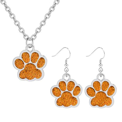 Dreuyet Paw Necklace and Earrings Set for Women Glitter Cute Dog Cat Pet Paw Print Pendant Necklace Earrings Lovely Animal Charm Jewelry Set Gifts - color: Silver Orange
