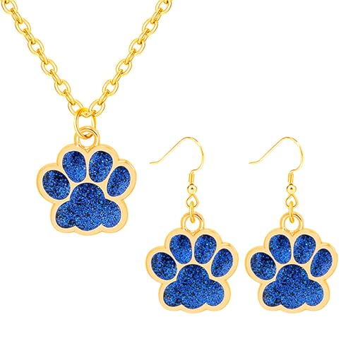 Dreuyet Paw Necklace and Earrings Set for Women Glitter Cute Dog Cat Pet Paw Print Pendant Necklace Earrings Lovely Animal Charm Jewelry Set Gifts - color: Gold Blue