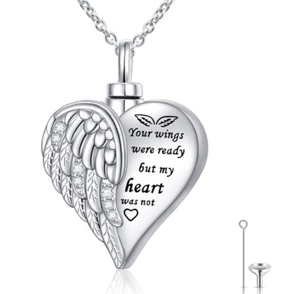 925 Sterling Silver Urn Necklaces for Women Claddagh/Angel Wings/Guitar/Butterfly/Tree of Life Ashes Memorial for Loss Keepsake Jewelry Present Easter Day of the Dead - style: Angel Wings
