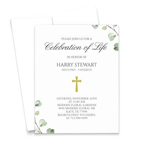 Memorial Service Invitations With Envelopes, FLAT Funeral Invitation Cards Customized, Simple Celebration of Life Invites, Greenery Invitations for Funerals, Your Choice of Quantity and Envelope Color - color: Gold Cross