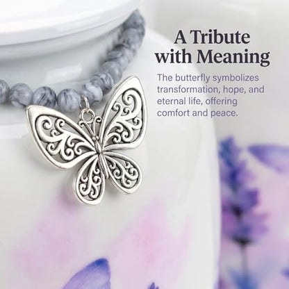 Lavender Butterfly Urn for Ashes Adult Female, Large Metal | Filigree Charm With Glass Beads, Holds upto 220lb Adults, Velvet Bag, Screw Top Lid, Memorial Keepsake, For Men & Women - color: White