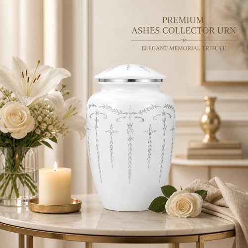 CLEENTABLE Cremation Urn for Human Ashes Adult, 200+ cu in, White Metal | Metal alloy, 11in H x 6.5in W, screw-top lid, 200+ cubic inches, handcrafted, women & men - color: White Silver, size: Classic Silver Vine - 6.5x11"